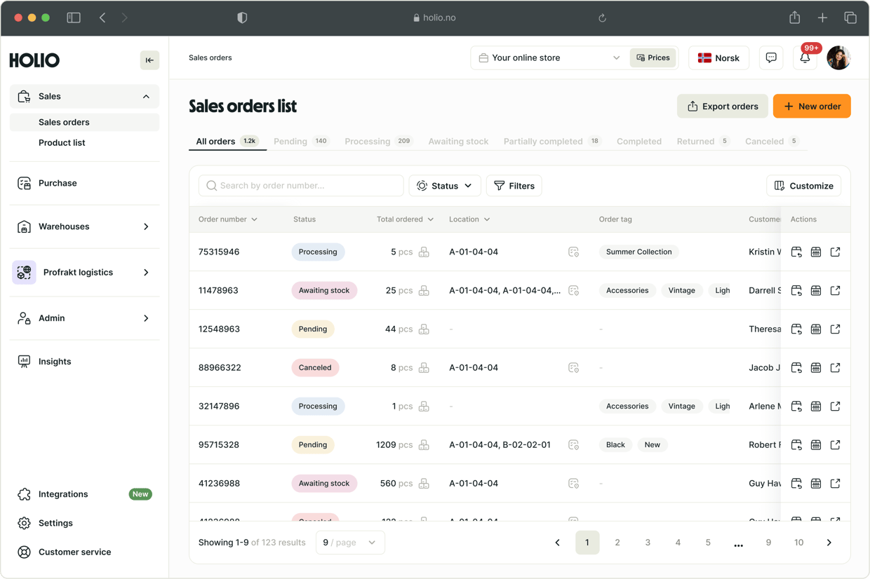 Sales orders list
