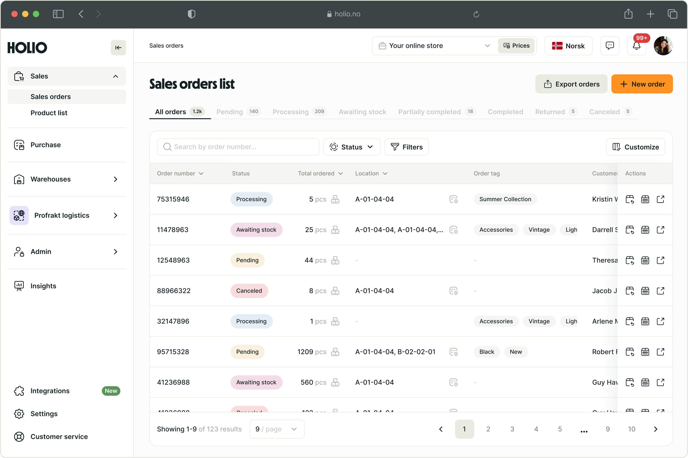 Sales orders list