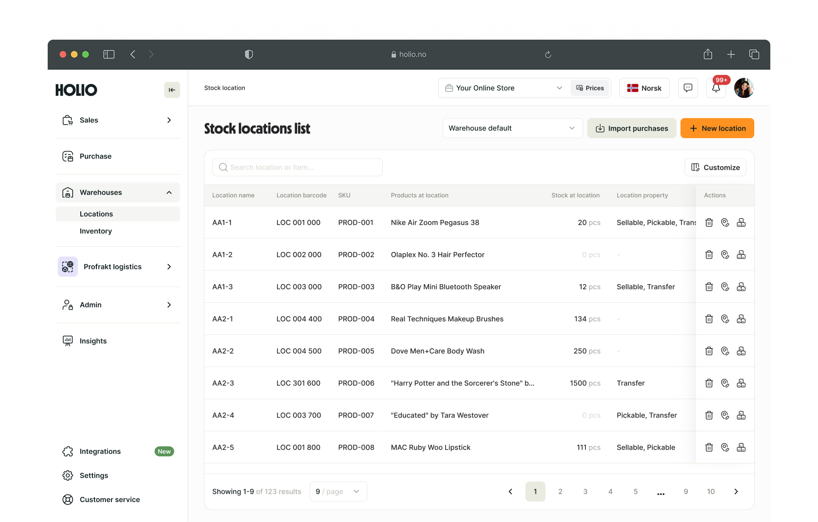 Stock locations list